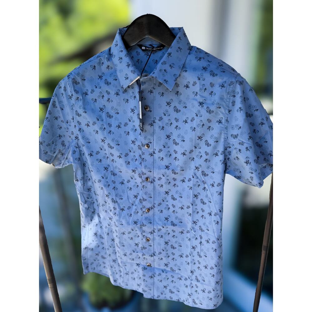 TravisMathew Something New Button-Up Shirt NWT Men’s Small Heather Blue Floral - Picture 3 of 8